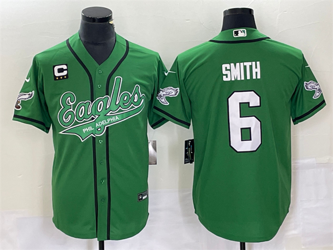Men's Philadelphia Eagles #6 DeVonta Smith Green With C Patch Cool Base Stitched Baseball Jersey